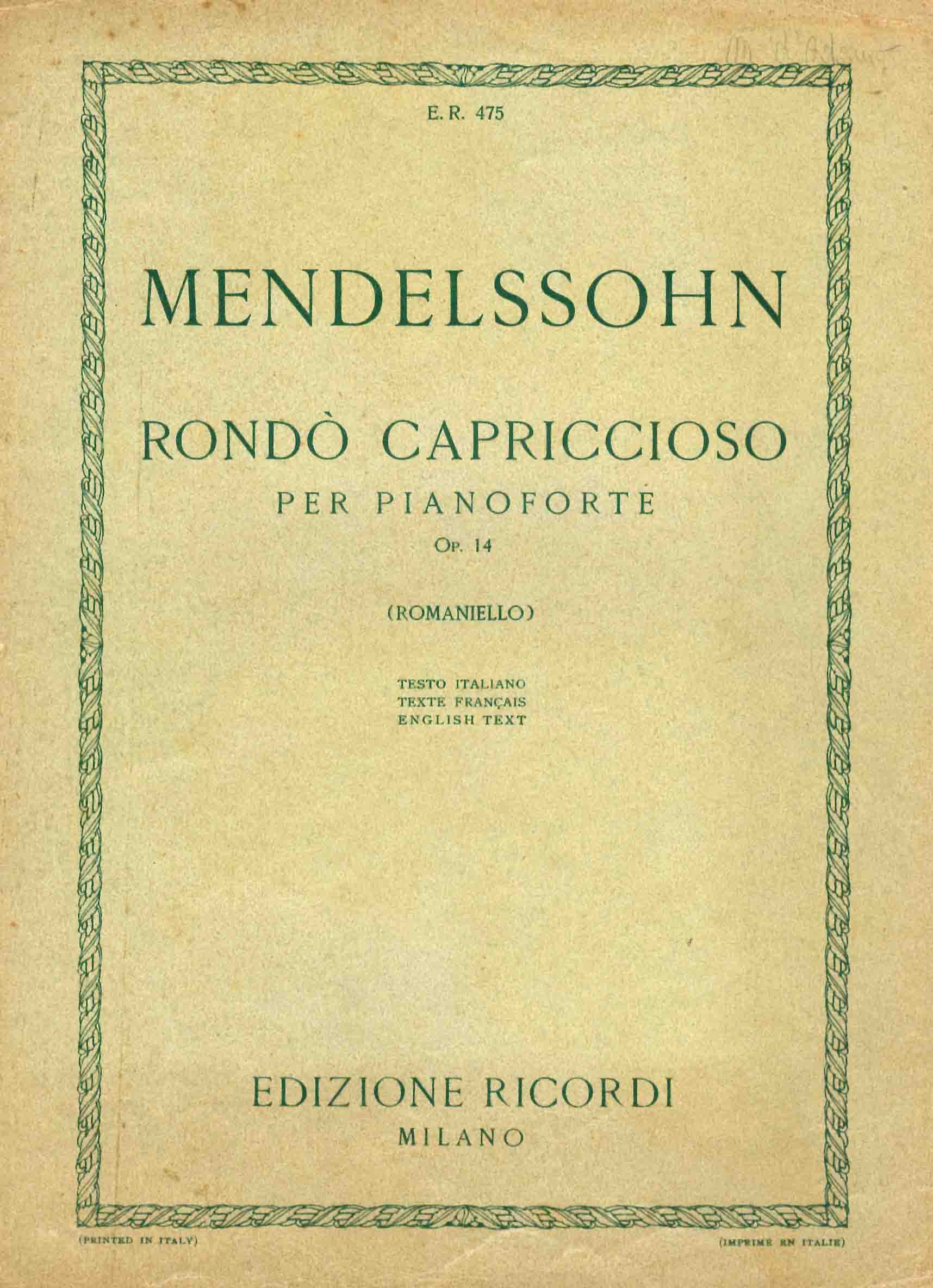 Rondò capriccioso per pianoforte, op. 14. Edizione riveduta da Vincenzo Romaniello